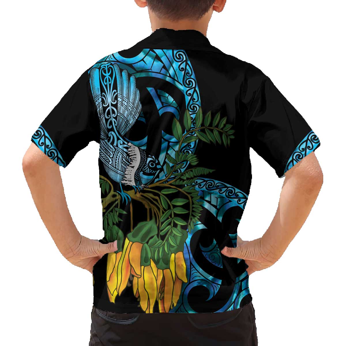 Turquoise New Zealand Kowhai And Piwakawaka Family Matching Off The Shoulder Long Sleeve Dress and Hawaiian Shirt Maori Ngaru Paua Shell LT14 - Polynesian Pride
