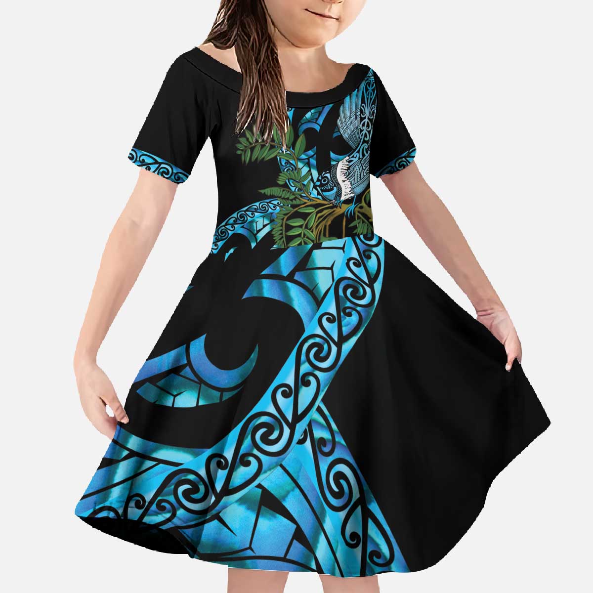 Turquoise New Zealand Kowhai And Piwakawaka Family Matching Off The Shoulder Long Sleeve Dress and Hawaiian Shirt Maori Ngaru Paua Shell LT14 Daughter's Dress Turquoise - Polynesian Pride