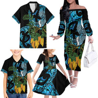 Turquoise New Zealand Kowhai And Piwakawaka Family Matching Off The Shoulder Long Sleeve Dress and Hawaiian Shirt Maori Ngaru Paua Shell LT14 - Polynesian Pride
