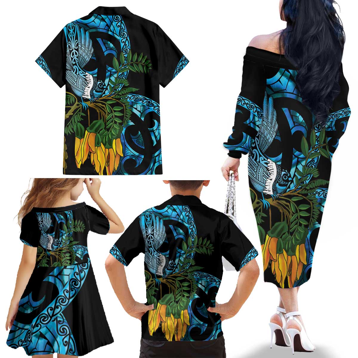 Turquoise New Zealand Kowhai And Piwakawaka Family Matching Off The Shoulder Long Sleeve Dress and Hawaiian Shirt Maori Ngaru Paua Shell LT14 - Polynesian Pride