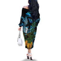 Turquoise New Zealand Kowhai And Piwakawaka Family Matching Off The Shoulder Long Sleeve Dress and Hawaiian Shirt Maori Ngaru Paua Shell LT14 - Polynesian Pride