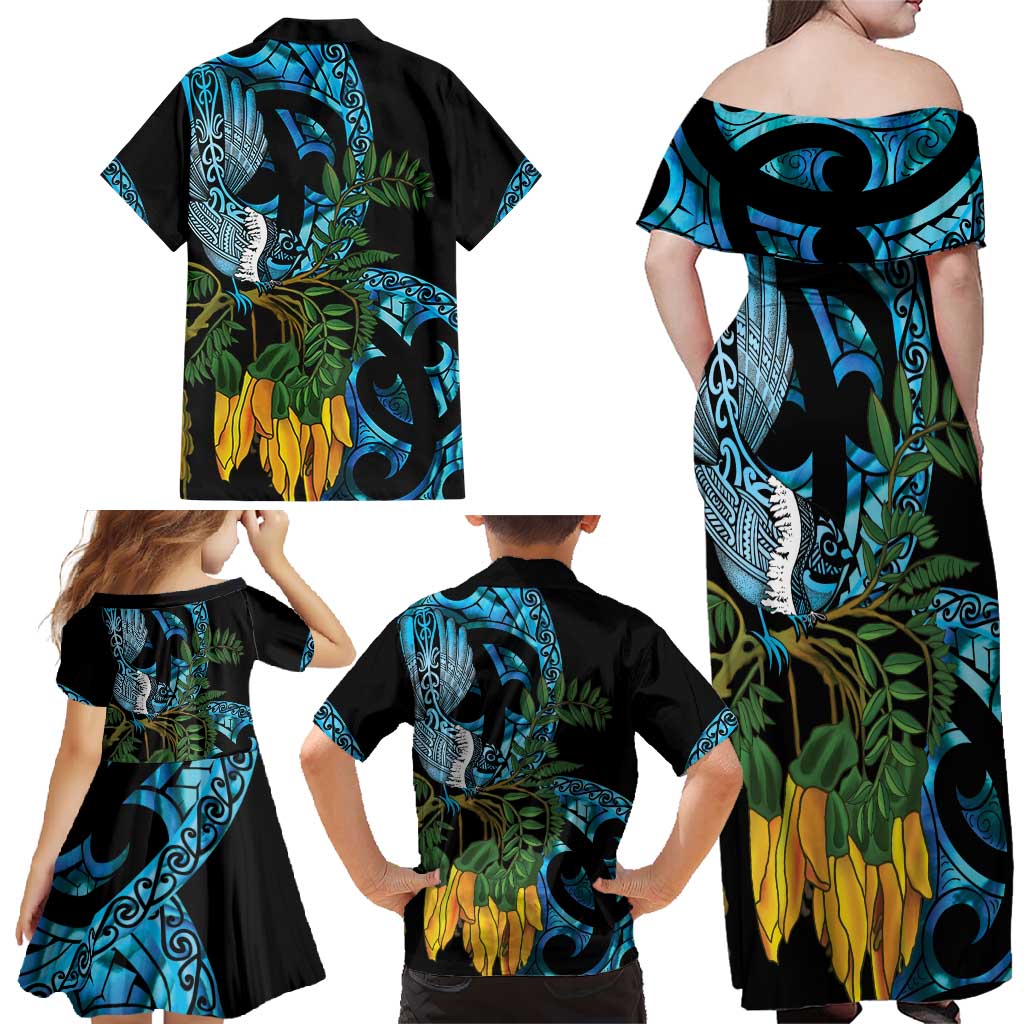 Turquoise New Zealand Kowhai And Piwakawaka Family Matching Off Shoulder Maxi Dress and Hawaiian Shirt Maori Ngaru Paua Shell LT14 - Polynesian Pride