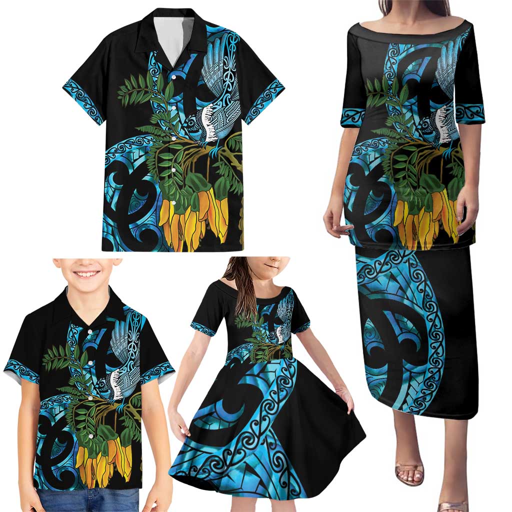 Turquoise New Zealand Kowhai And Piwakawaka Family Matching Puletasi and Hawaiian Shirt Maori Ngaru Paua Shell