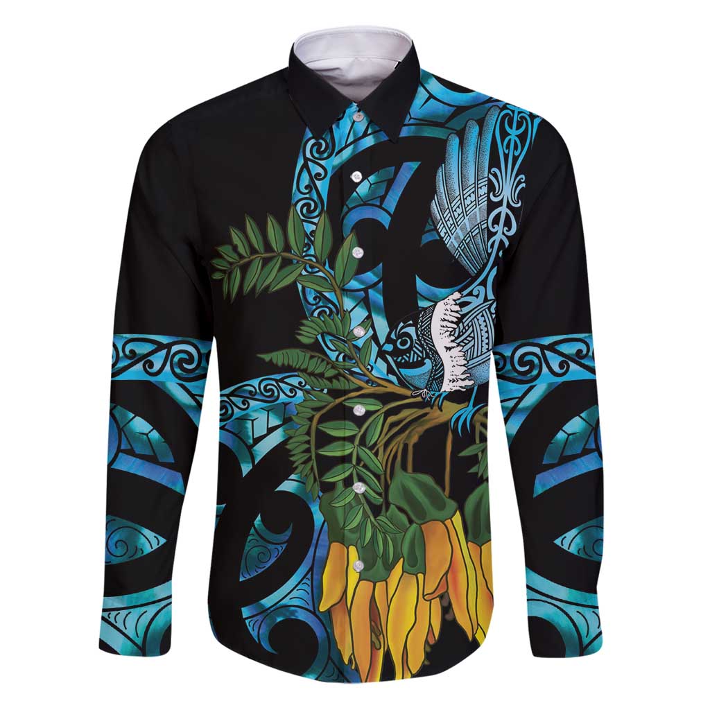 Turquoise New Zealand Kowhai And Piwakawaka Family Matching Puletasi and Hawaiian Shirt Maori Ngaru Paua Shell LT14 Dad's Shirt - Long Sleeve Turquoise - Polynesian Pride