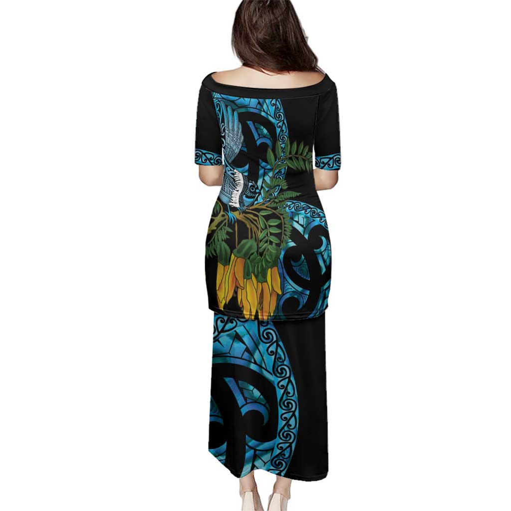Turquoise New Zealand Kowhai And Piwakawaka Family Matching Puletasi and Hawaiian Shirt Maori Ngaru Paua Shell LT14 - Polynesian Pride