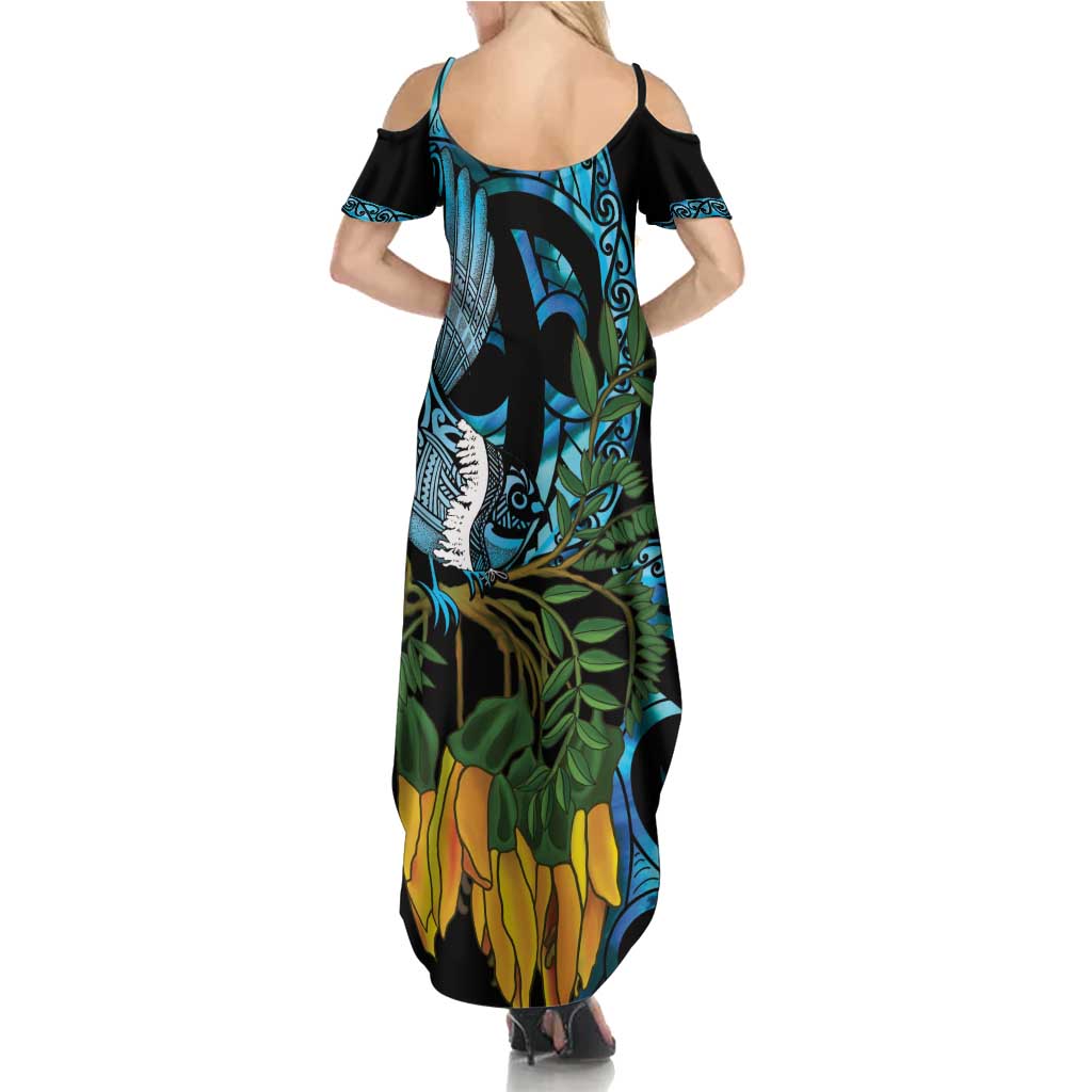 Turquoise New Zealand Kowhai And Piwakawaka Family Matching Summer Maxi Dress and Hawaiian Shirt Maori Ngaru Paua Shell LT14 - Polynesian Pride