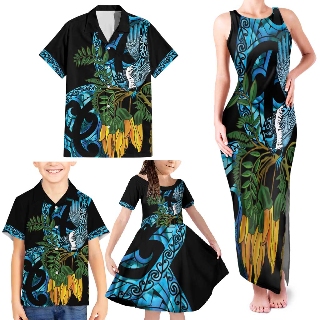 Turquoise New Zealand Kowhai And Piwakawaka Family Matching Tank Maxi Dress and Hawaiian Shirt Maori Ngaru Paua Shell LT14 - Polynesian Pride