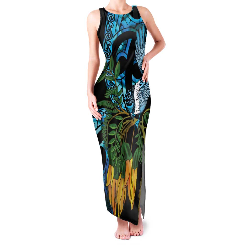 Turquoise New Zealand Kowhai And Piwakawaka Family Matching Tank Maxi Dress and Hawaiian Shirt Maori Ngaru Paua Shell LT14 Mom's Dress Turquoise - Polynesian Pride