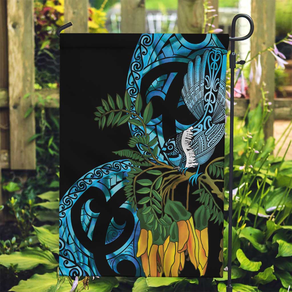 Turquoise New Zealand Kowhai And Piwakawaka Garden Flag Maori Ngaru Paua Shell LT14 Garden Flag Turquoise - Polynesian Pride