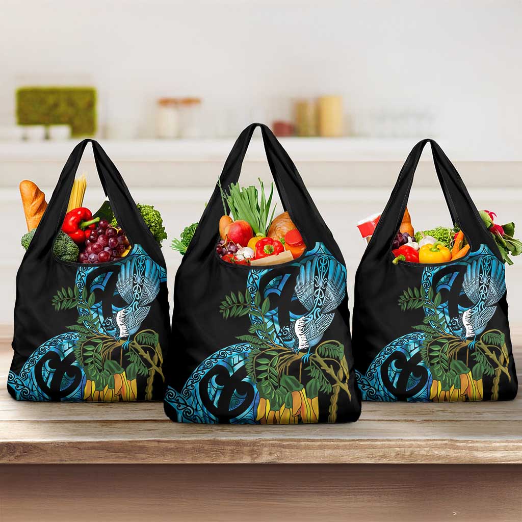Turquoise New Zealand Kowhai And Piwakawaka Grocery Bag Maori Ngaru Paua Shell