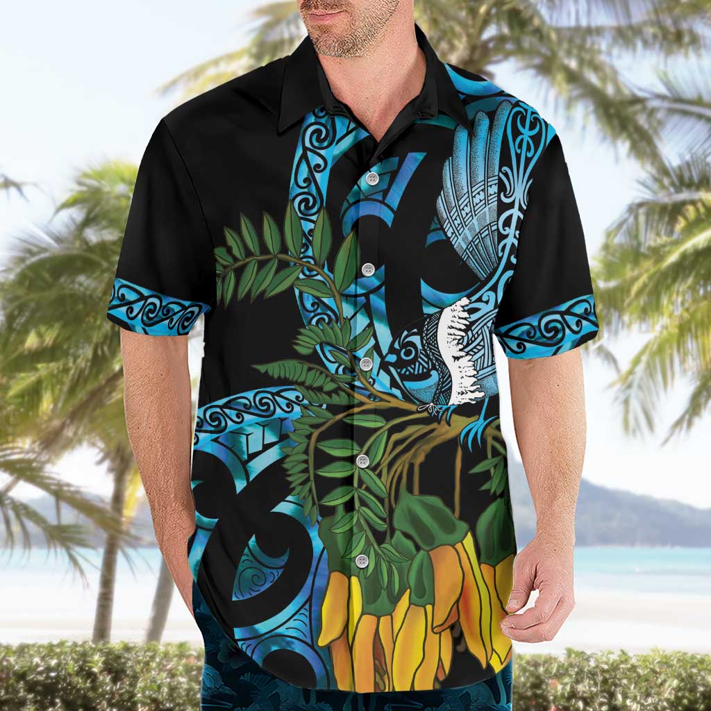 Turquoise New Zealand Kowhai And Piwakawaka Hawaiian Shirt Maori Ngaru Paua Shell LT14 - Polynesian Pride