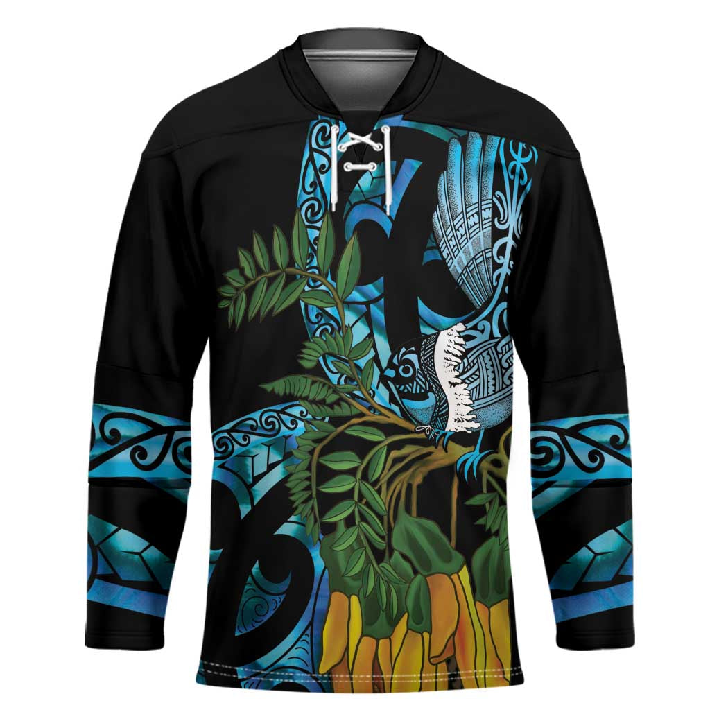 Turquoise New Zealand Kowhai And Piwakawaka Hockey Jersey Maori Ngaru Paua Shell LT14 Unisex Turquoise - Polynesian Pride
