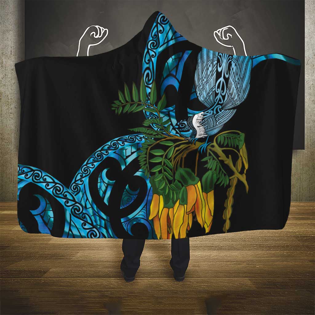 Turquoise New Zealand Kowhai And Piwakawaka Hooded Blanket Maori Ngaru Paua Shell LT14 - Polynesian Pride