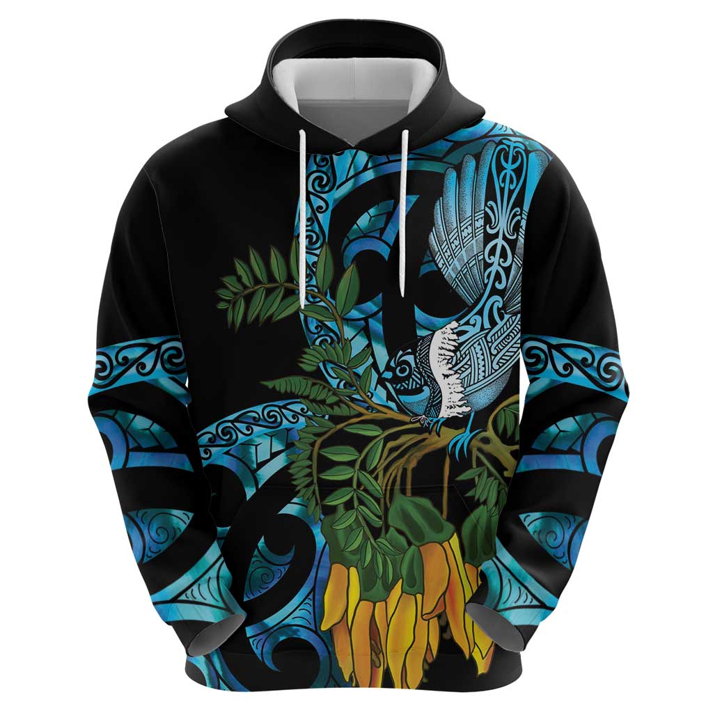 Turquoise New Zealand Kowhai And Piwakawaka Hoodie Maori Ngaru Paua Shell LT14 - Polynesian Pride