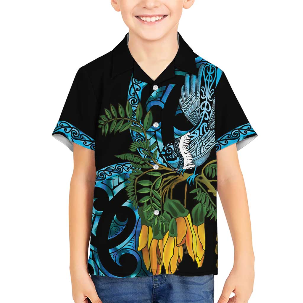 Turquoise New Zealand Kowhai And Piwakawaka Kid Hawaiian Shirt Maori Ngaru Paua Shell LT14 Kid Turquoise - Polynesian Pride