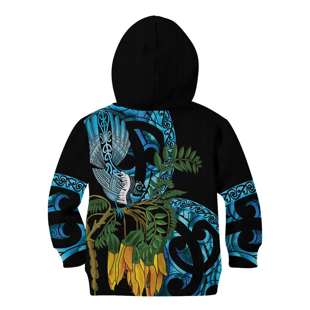 Turquoise New Zealand Kowhai And Piwakawaka Kid Hoodie Maori Ngaru Paua Shell LT14 - Polynesian Pride
