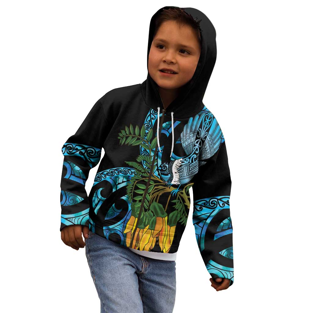 Turquoise New Zealand Kowhai And Piwakawaka Kid Hoodie Maori Ngaru Paua Shell LT14 - Polynesian Pride