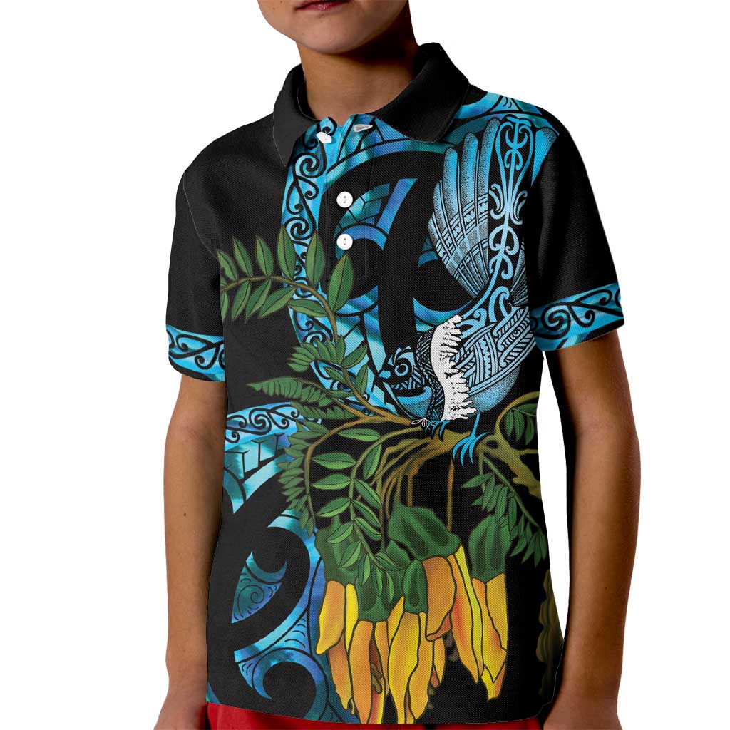 Turquoise New Zealand Kowhai And Piwakawaka Kid Polo Shirt Maori Ngaru Paua Shell