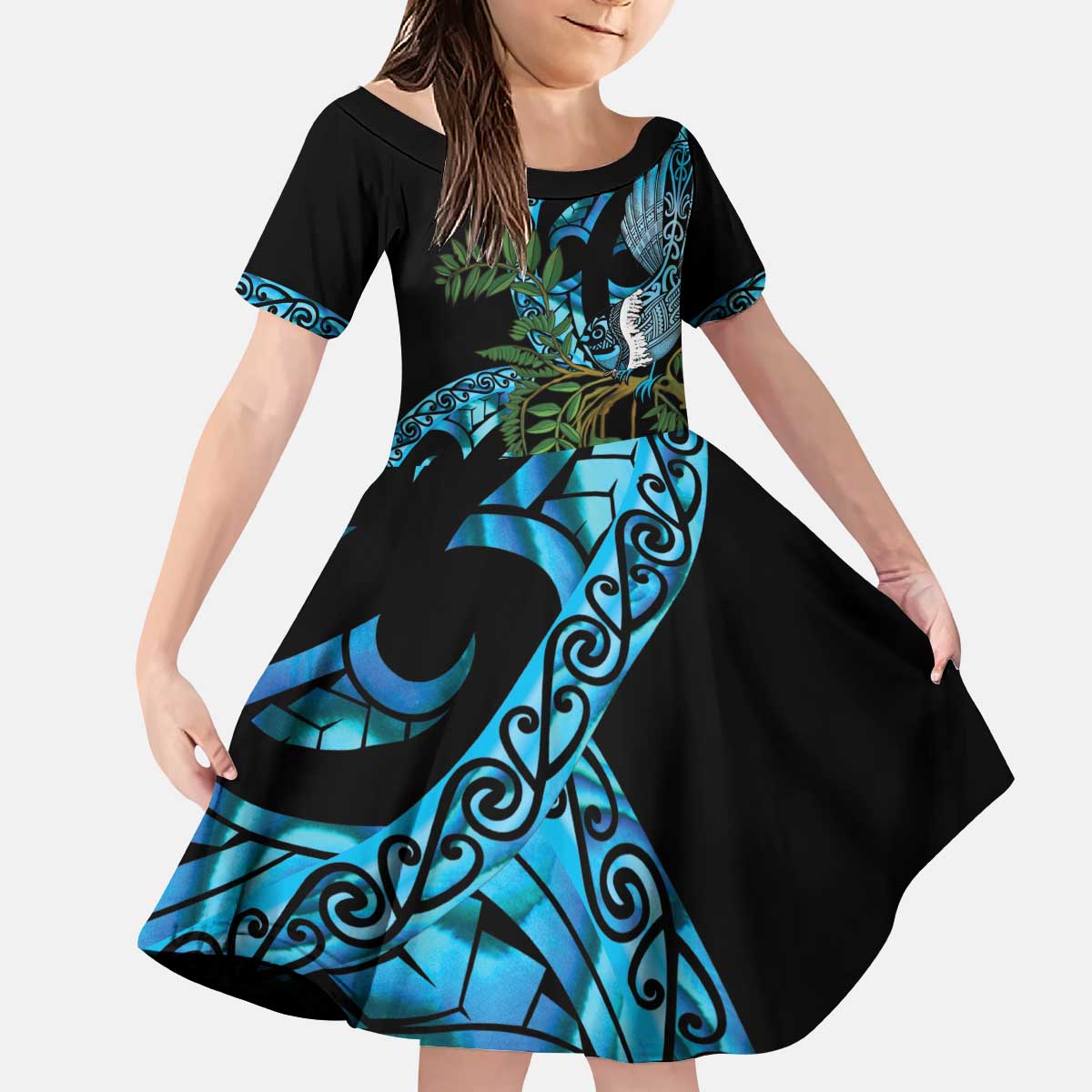 Turquoise New Zealand Kowhai And Piwakawaka Kid Short Sleeve Dress Maori Ngaru Paua Shell LT14 KID Turquoise - Polynesian Pride