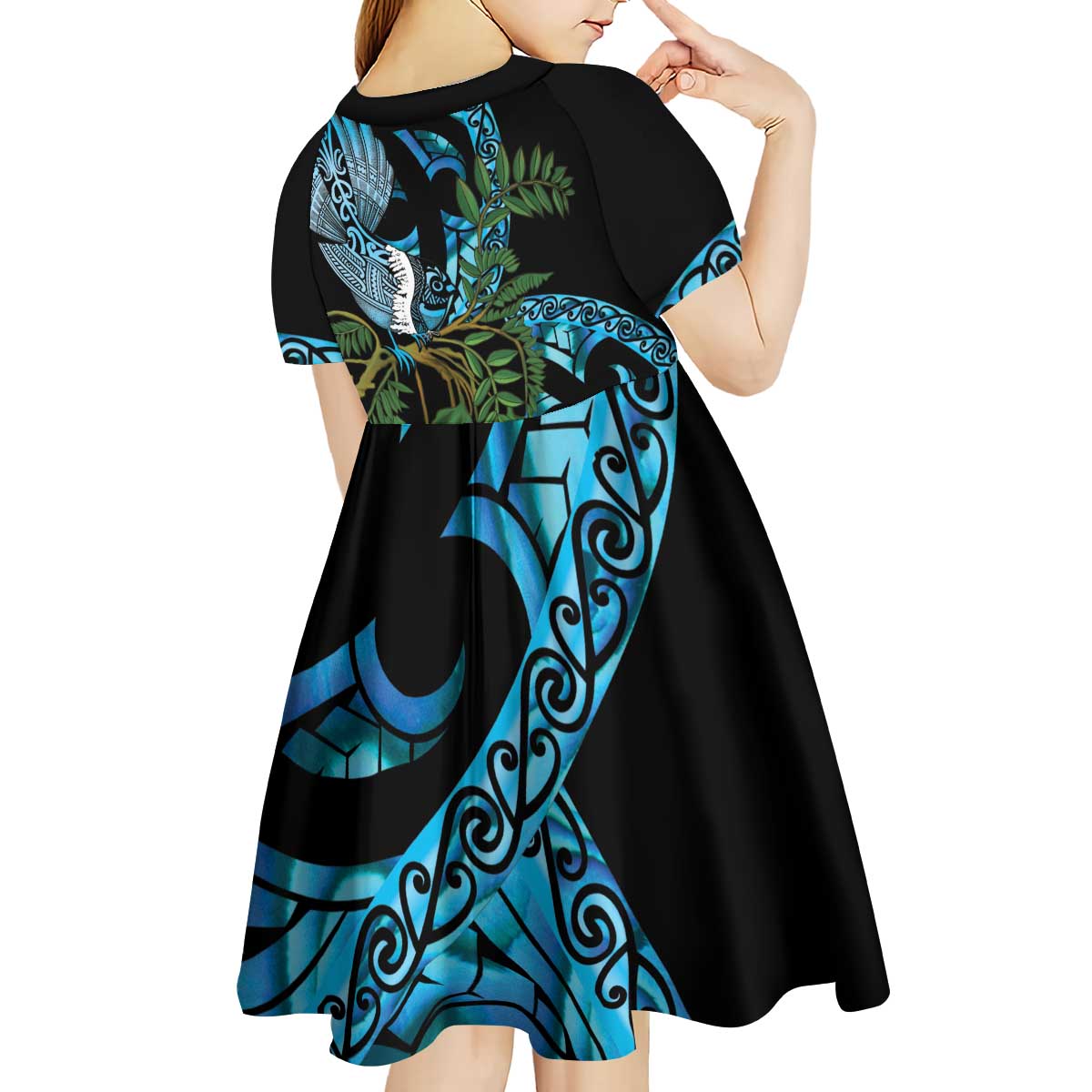 Turquoise New Zealand Kowhai And Piwakawaka Kid Short Sleeve Dress Maori Ngaru Paua Shell LT14 - Polynesian Pride
