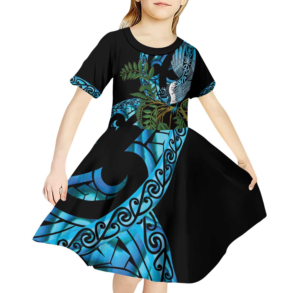 Turquoise New Zealand Kowhai And Piwakawaka Kid Short Sleeve Dress Maori Ngaru Paua Shell LT14 - Polynesian Pride