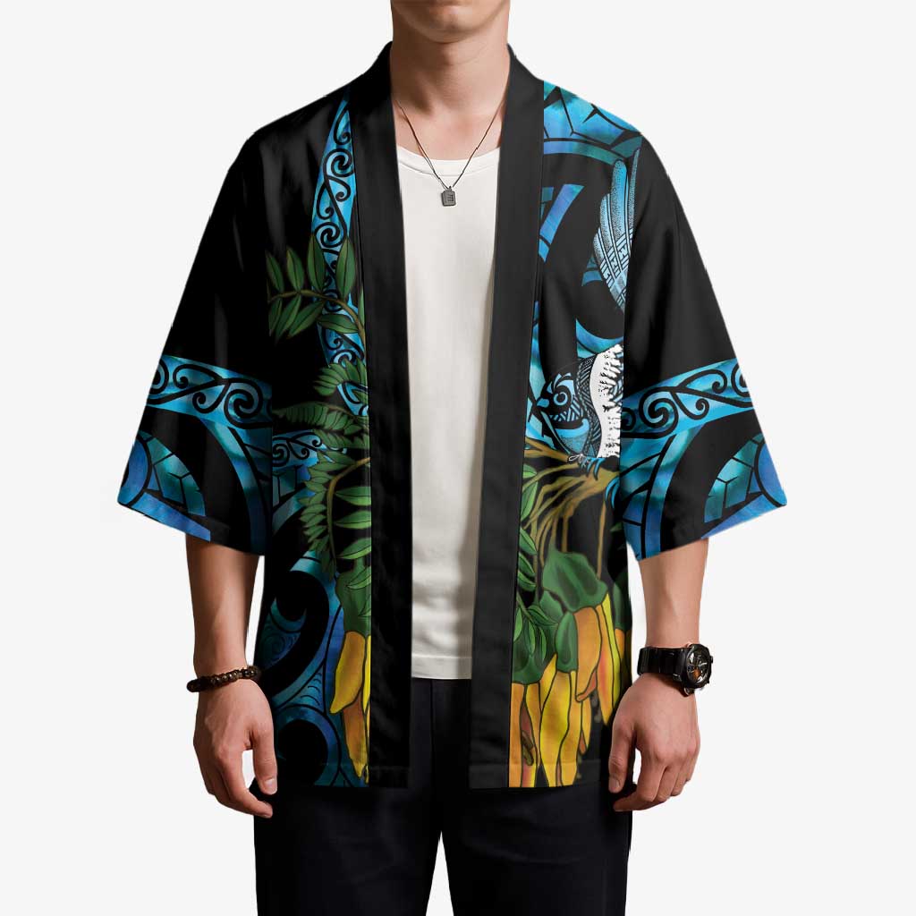 Turquoise New Zealand Kowhai And Piwakawaka Kimono Maori Ngaru Paua Shell - Polynesian Pride