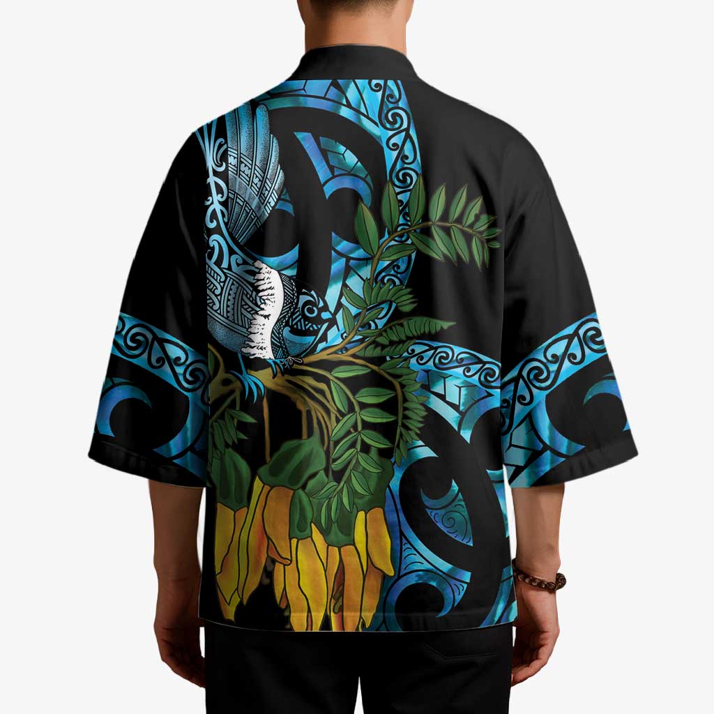 Turquoise New Zealand Kowhai And Piwakawaka Kimono Maori Ngaru Paua Shell - Polynesian Pride