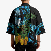 Turquoise New Zealand Kowhai And Piwakawaka Kimono Maori Ngaru Paua Shell - Polynesian Pride
