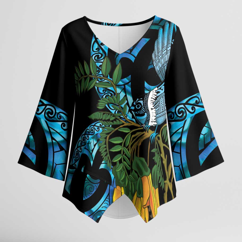 Turquoise New Zealand Kowhai And Piwakawaka Kimono Sleeve Blouse Maori Ngaru Paua Shell LT14 Female Turquoise - Polynesian Pride