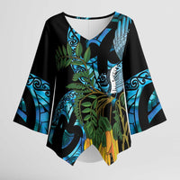Turquoise New Zealand Kowhai And Piwakawaka Kimono Sleeve Blouse Maori Ngaru Paua Shell LT14 Female Turquoise - Polynesian Pride