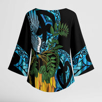 Turquoise New Zealand Kowhai And Piwakawaka Kimono Sleeve Blouse Maori Ngaru Paua Shell LT14 - Polynesian Pride