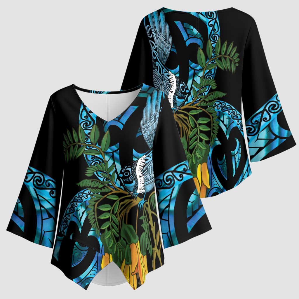 Turquoise New Zealand Kowhai And Piwakawaka Kimono Sleeve Blouse Maori Ngaru Paua Shell LT14 - Polynesian Pride