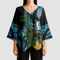 Turquoise New Zealand Kowhai And Piwakawaka Kimono Sleeve Blouse Maori Ngaru Paua Shell LT14 - Polynesian Pride