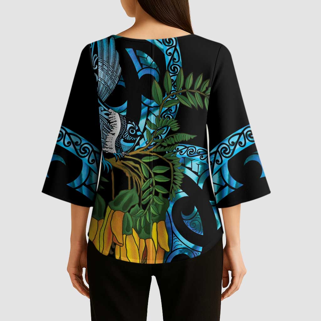 Turquoise New Zealand Kowhai And Piwakawaka Kimono Sleeve Blouse Maori Ngaru Paua Shell LT14 - Polynesian Pride