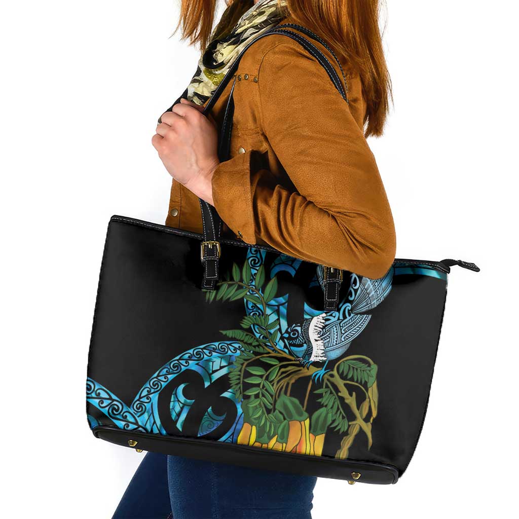 Turquoise New Zealand Kowhai And Piwakawaka Leather Tote Bag Maori Ngaru Paua Shell LT14 Turquoise - Polynesian Pride