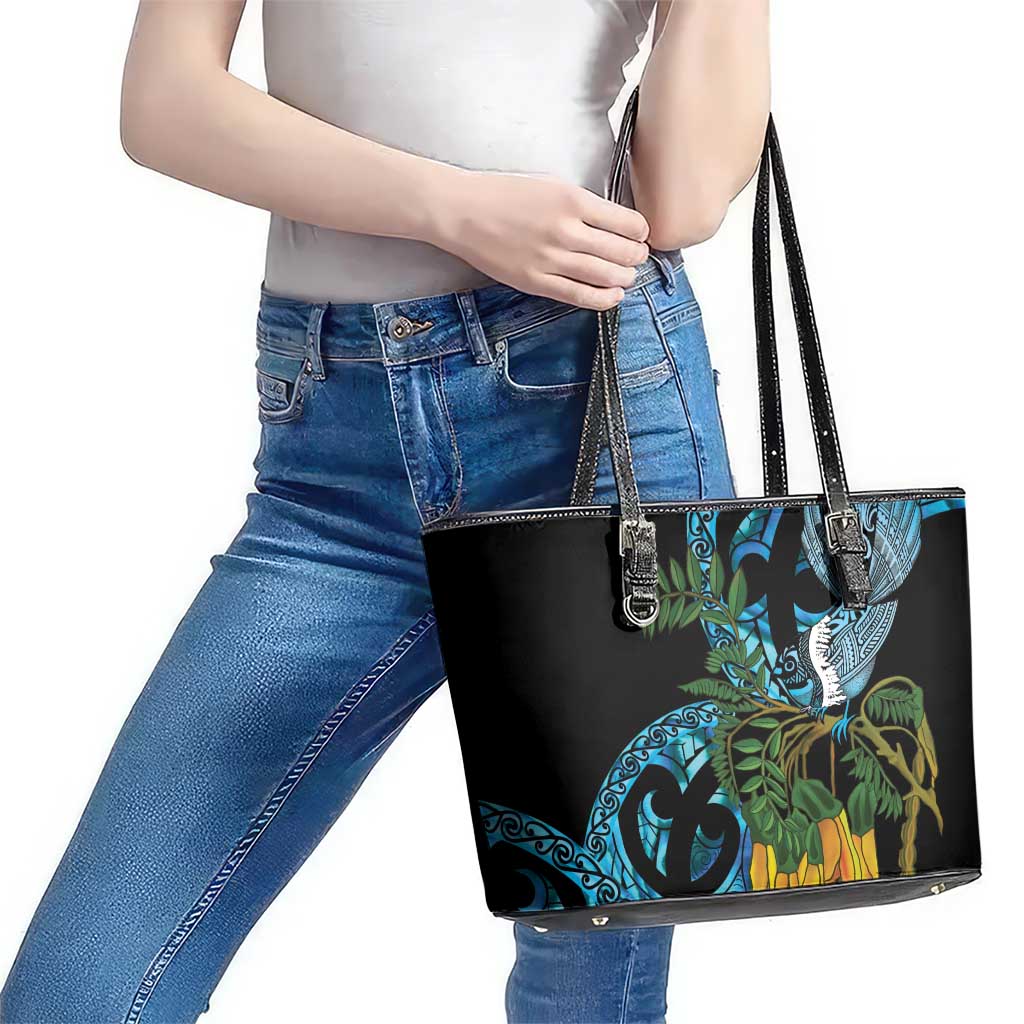 Turquoise New Zealand Kowhai And Piwakawaka Leather Tote Bag Maori Ngaru Paua Shell LT14 - Polynesian Pride
