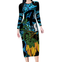 Turquoise New Zealand Kowhai And Piwakawaka Long Sleeve Bodycon Dress Maori Ngaru Paua Shell LT14 Long Dress Turquoise - Polynesian Pride