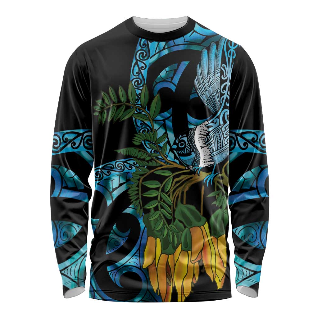 Turquoise New Zealand Kowhai And Piwakawaka Long Sleeve Shirt Maori Ngaru Paua Shell LT14 Unisex Turquoise - Polynesian Pride