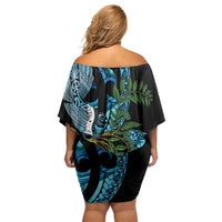 Turquoise New Zealand Kowhai And Piwakawaka Off Shoulder Short Dress Maori Ngaru Paua Shell LT14 - Polynesian Pride