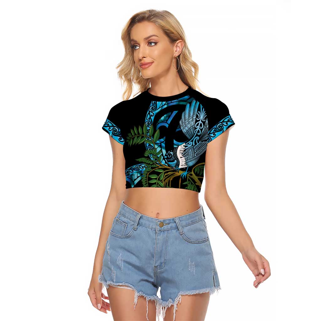 Turquoise New Zealand Kowhai And Piwakawaka Raglan Cropped T Shirt Maori Ngaru Paua Shell