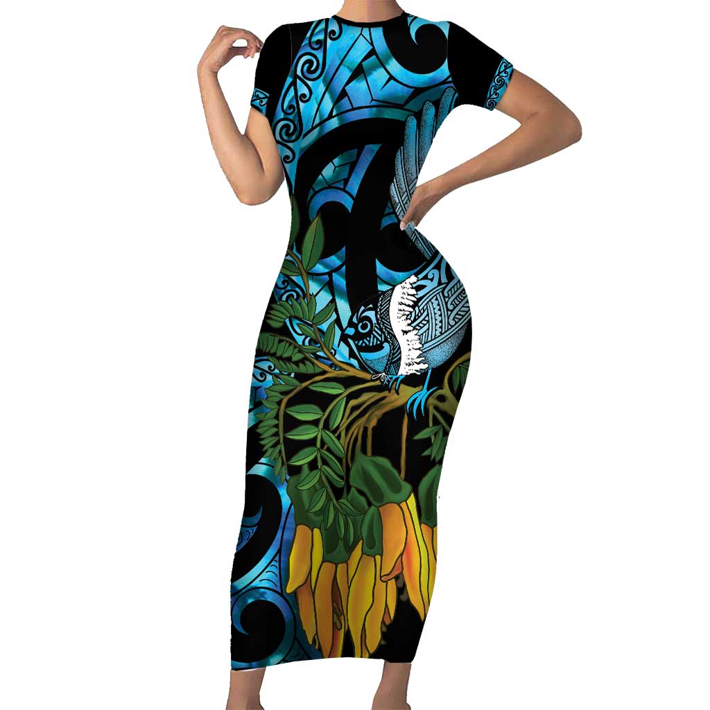 Turquoise New Zealand Kowhai And Piwakawaka Short Sleeve Bodycon Dress Maori Ngaru Paua Shell LT14 Long Dress Turquoise - Polynesian Pride