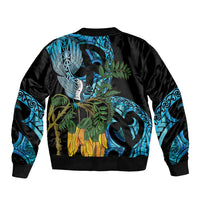 Turquoise New Zealand Kowhai And Piwakawaka Sleeve Zip Bomber Jacket Maori Ngaru Paua Shell