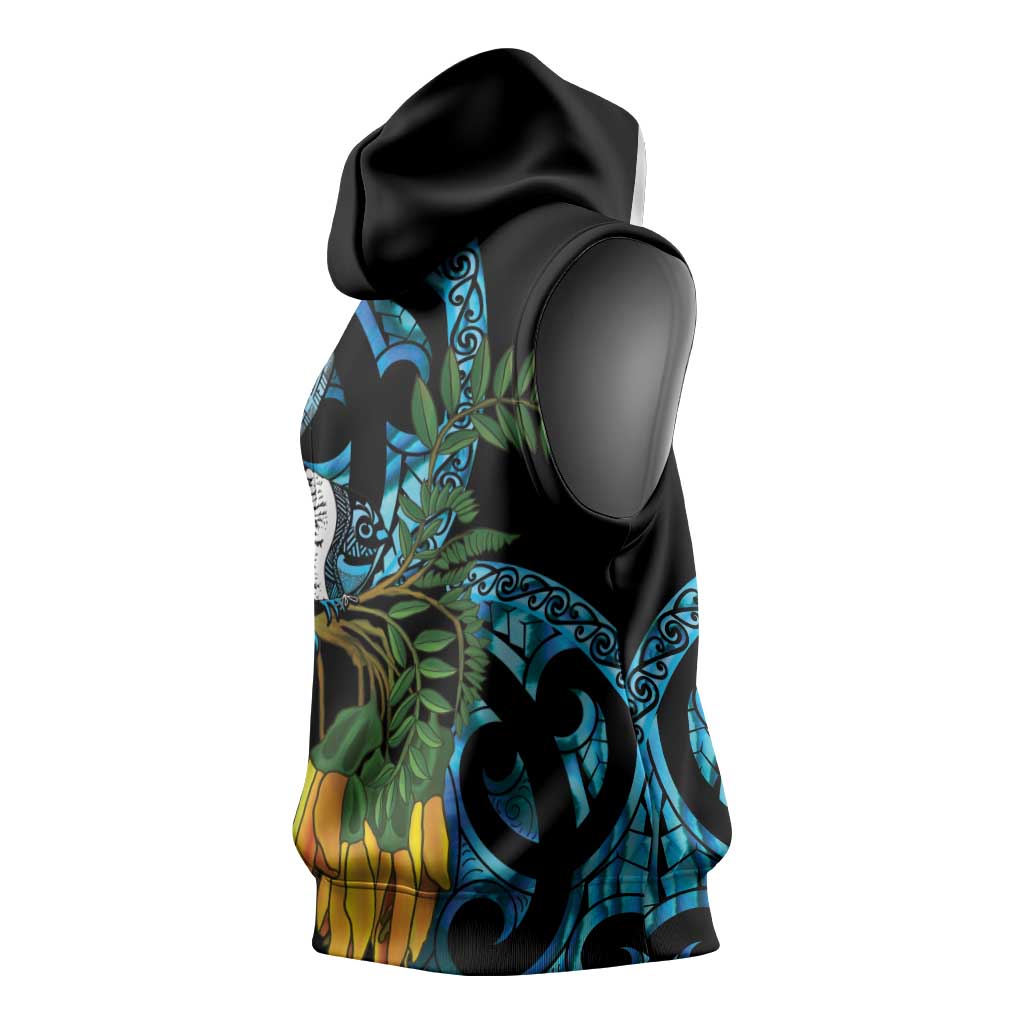Turquoise New Zealand Kowhai And Piwakawaka Sleeveless Hoodie Maori Ngaru Paua Shell LT14 - Polynesian Pride