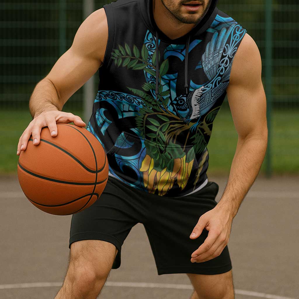 Turquoise New Zealand Kowhai And Piwakawaka Sleeveless Hoodie Maori Ngaru Paua Shell LT14 - Polynesian Pride