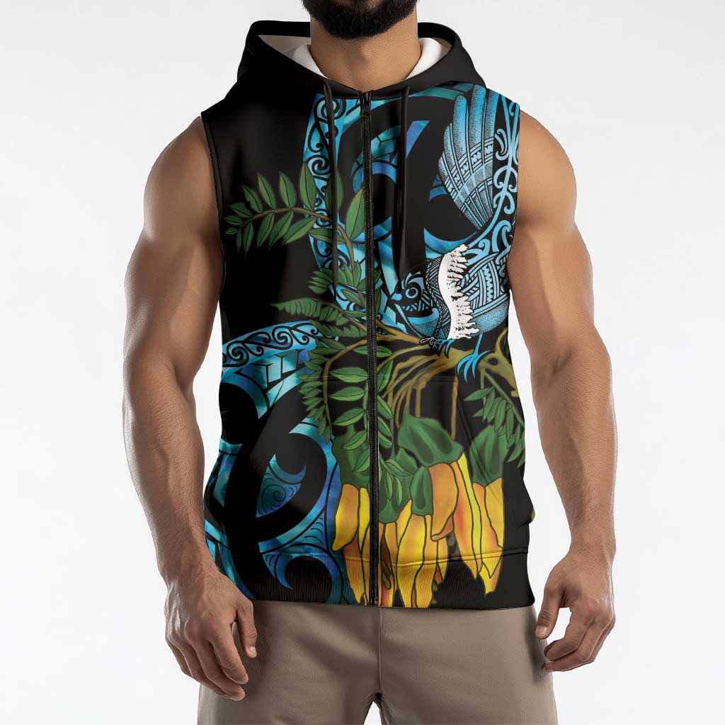 Turquoise New Zealand Kowhai And Piwakawaka Sleeveless Zip Hoodie Maori Ngaru Paua Shell LT14 - Polynesian Pride