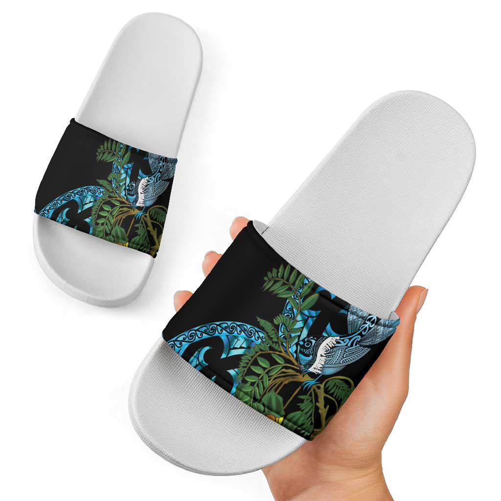 Turquoise New Zealand Kowhai And Piwakawaka Slide Sandals Maori Ngaru Paua Shell - Polynesian Pride
