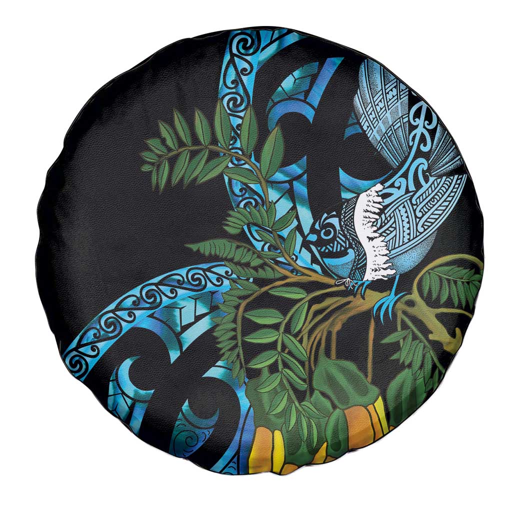 Turquoise New Zealand Kowhai And Piwakawaka Spare Tire Cover Maori Ngaru Paua Shell LT14 - Polynesian Pride