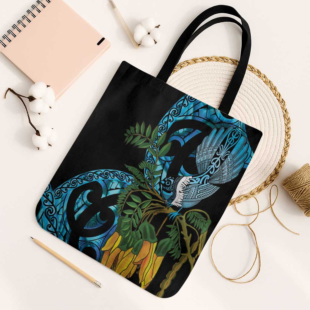 Turquoise New Zealand Kowhai And Piwakawaka Tote Bag Maori Ngaru Paua Shell LT14 Black Strap One Size Turquoise - Polynesian Pride