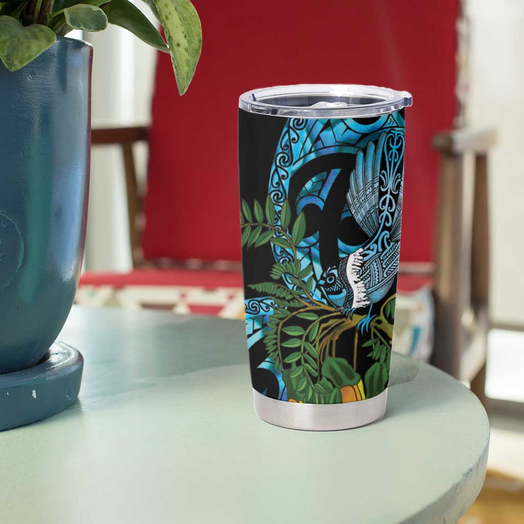 Turquoise New Zealand Kowhai And Piwakawaka Tumbler Cup Maori Ngaru Paua Shell LT14 - Polynesian Pride