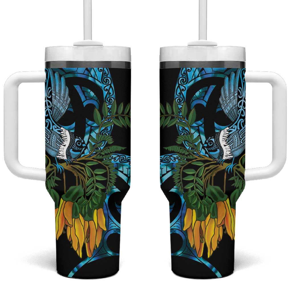 Turquoise New Zealand Kowhai And Piwakawaka Tumbler With Handle Maori Ngaru Paua Shell LT14 One Size: 40 oz Turquoise - Polynesian Pride